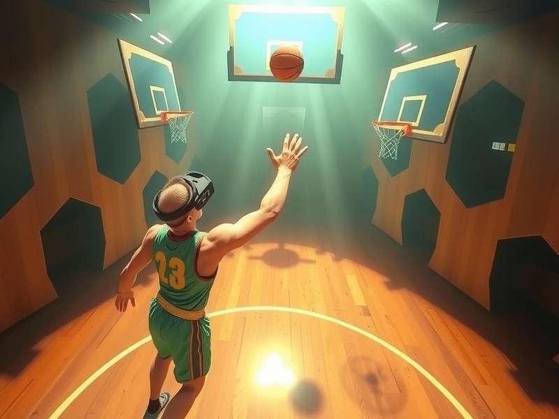 VR Hoop Crusader gameplay screenshot showing player shooting hoops in VR